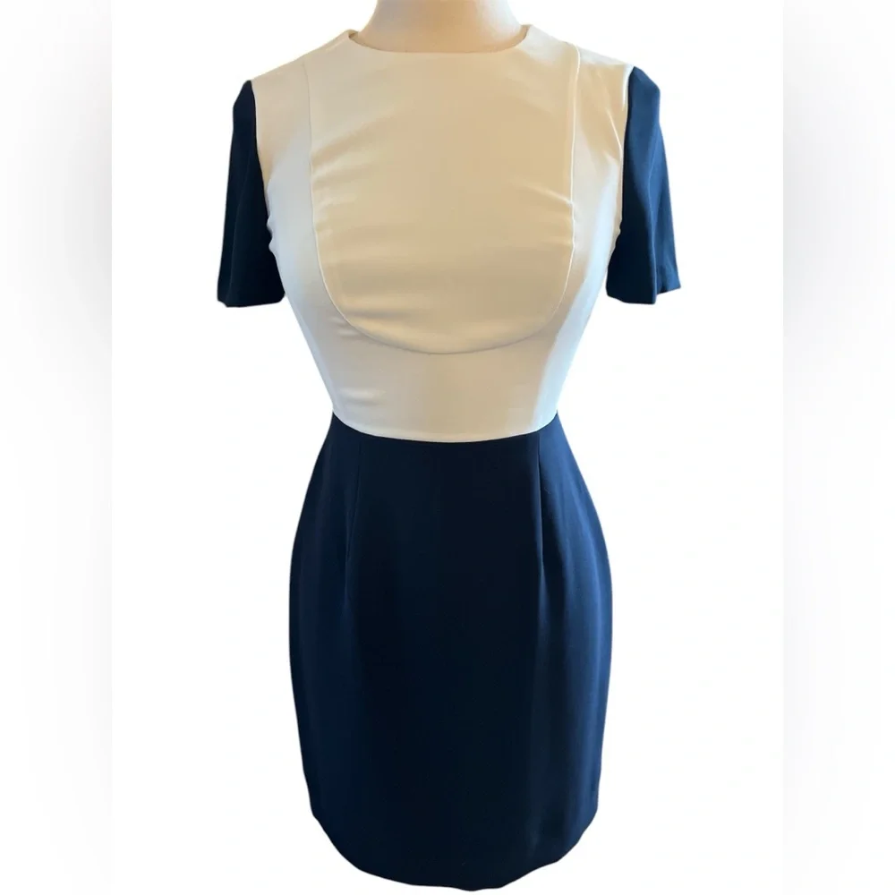 J. Crew Blue and Cream Sheath midi Dress Short Sleeve Crew Neck Size 2